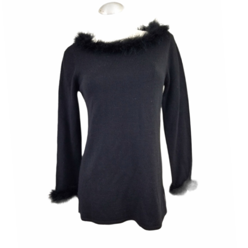 3/$25 Nina Leonard XS Black Knit Top w/ Fur Trim Wool Blend